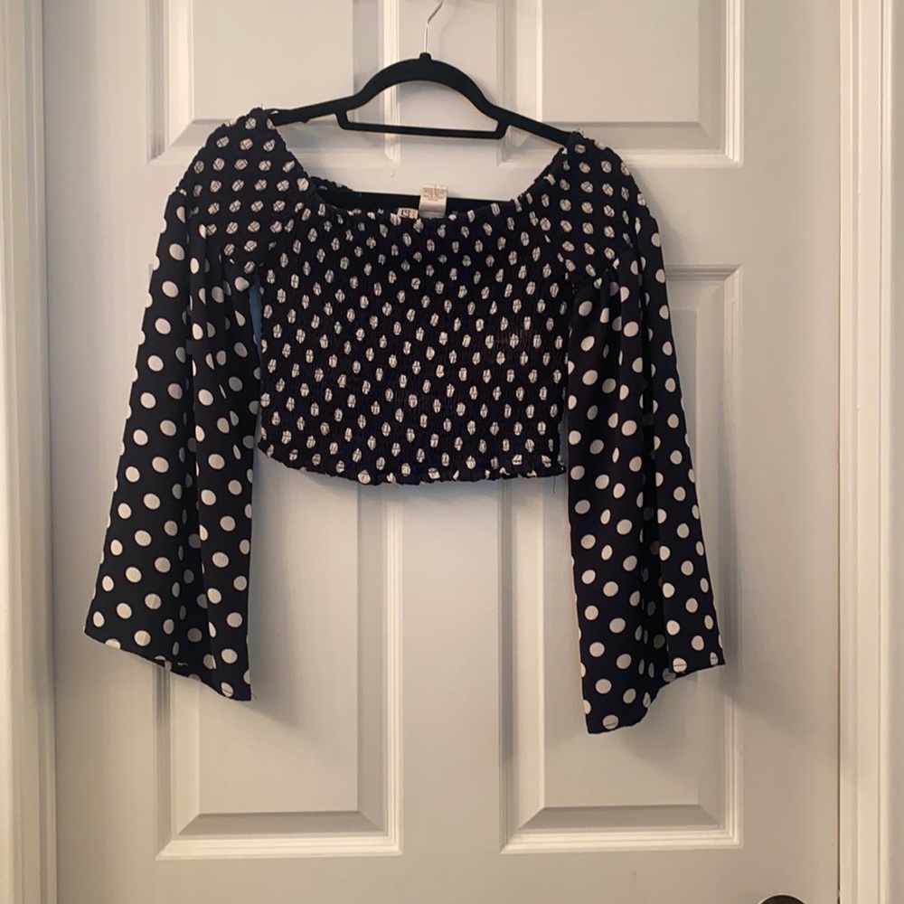 Navy/white polka dot off the shoulder bell sleeve
